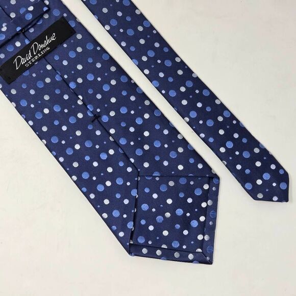 DAVID DONAHUE STERLING SILK TIE BLUE WHITE POLKA DOT SATIN LUXURY 4" X 59" - Picture 2 of 3
